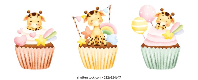 Watercolor set of cupcake with cute safari giraffe topper