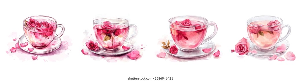 Watercolor set of cups with hibiscus tea and decorated with rose flowers and petals. Glass transparent cups with tea with hibiscus inflorescences. Pink hibiscus tea. Vector illustration.