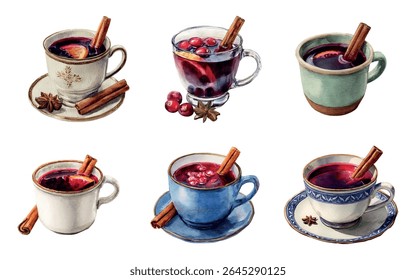 Watercolor set of cups with hot mulled wine. Various cups with hot red wine with cranberries, cinnamon and a slice of orange. Collection of warming alcoholic drinks. Vector illustration.