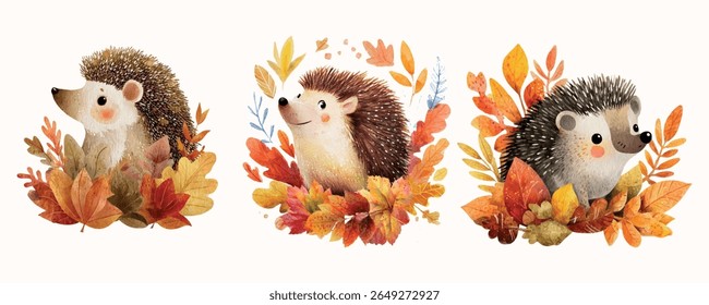 Watercolor set of cute autumn hedgehogs. Cute hedgehogs in cartoon style with autumn leaves. Cute forest characters of autumn forest. Characters for  school designs, autumn etc.