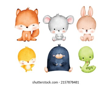 Watercolor set of Cute Baby Animals Illustration 