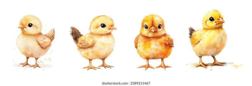 Watercolor set of cute baby chickens. Cute little chewy chicks on a white isolated background. Easter symbol. Symbol of agriculture and farm. Vector illustration.