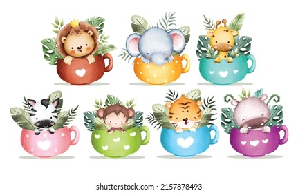 Watercolor set of Cute Baby Safari Animals Illustration in cup 