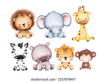 Watercolor set Cute Baby Safari Animals Illustration 
