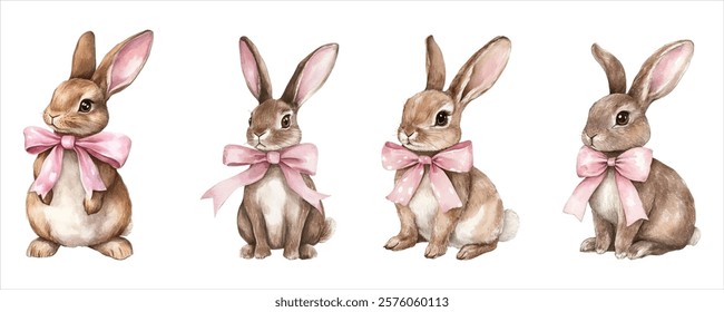 Watercolor set of cute brown bunnies decorated with a pink bow. Cute chocolate colored rabbits with a pink bow around their necks. Easter elements png.