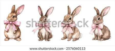 Watercolor set of cute brown bunnies decorated with a pink bow. Cute chocolate colored rabbits with a pink bow around their necks. Easter elements png.