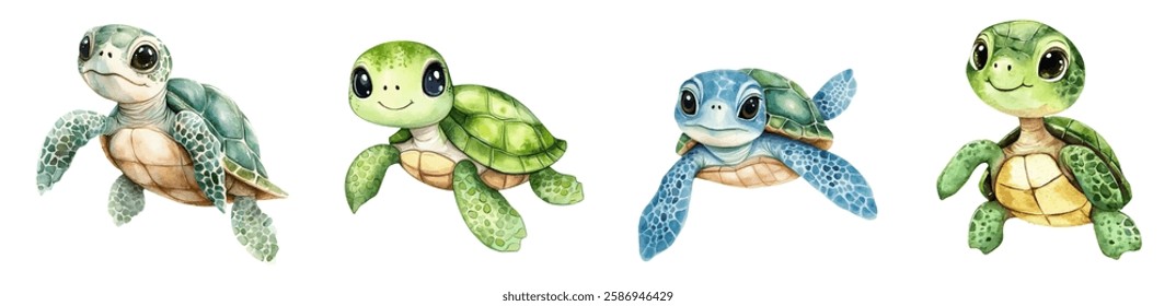 Watercolor set of cute cartoon sea turtles png. Cute sea turtles with shells cheerfully waving their fins. Concept of marine inhabitants and characters. Sea turtles cartoon.