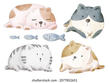 watercolor set of cute cat sleep in difference action , Yarn, herringbone on white background, vector illustration