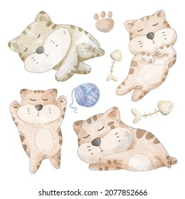 watercolor set of cute cat or tiger sleep in difference action , Yarn, herringbone on white background, vector illustration