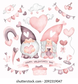 Watercolor set of cute couple gnome with love elements 