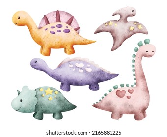 Watercolor set of cute dinosaurs 