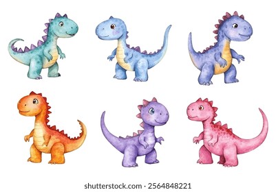 Watercolor set of cute dinosaurs png. Multicolored cute dinosaurs watercolor on transparent background. Cute children's characters. Vector illustration.