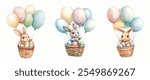 Watercolor set of cute Easter bunnies on isolated background. Cute bunnies flying in a basket with Easter eggs on a hot air balloon. Happy Easter. Cute watercolor elements. Vector illustration.