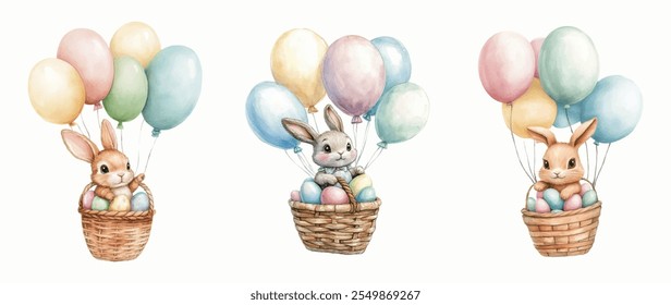 Watercolor set of cute Easter bunnies on isolated background. Cute bunnies flying in a basket with Easter eggs on a hot air balloon. Happy Easter. Cute watercolor elements. Vector illustration.