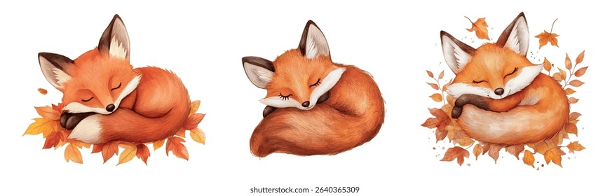Watercolor set of cute foxes sleeping in autumn leaves. Cute red foxes sleeping with their tails closed in autumn yellow leaves. Concept of autumn, fall, etc. Wild animals in autumn.