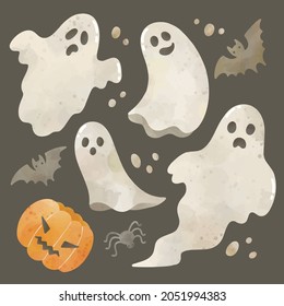 Watercolor set of cute halloween ghosts 