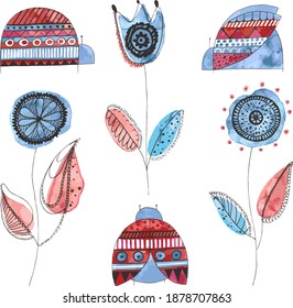 Watercolor set. Cute ladybugs and flowers. Handmade work. vector