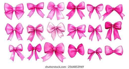 Watercolor set of cute pink ribbon bows png. Bow for hair, hair, etc. Pink ribbons tied in bows on a transparent background. Fashion accessories for girls.