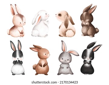 Watercolor set of cute rabbits 