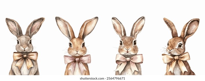 Watercolor set of cute rabbits decorated with a satin ribbon bow. Easter design elements. Watercolor Easter rabbits on a white isolated background.