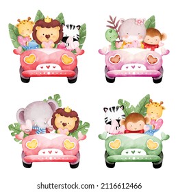 Watercolor set of cute safari animal in car 