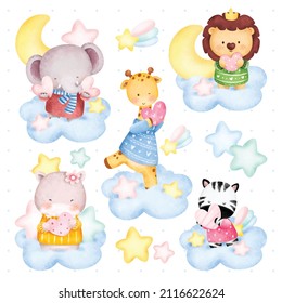 Watercolor Set Of Cute Safari Animal With The Stars On The Cloud 