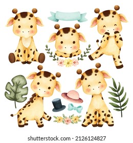 Watercolor set of cute safari giraffe and leaves