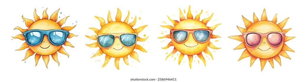 Watercolor set of cute sun character in sunglasses png. Happy yellow sun with sunglasses smiling. Hot summer season concept. Vector illustration.