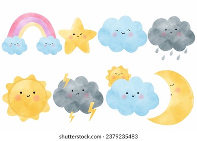 Watercolor set of Cute Weather elements. Vector illustration