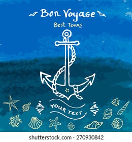 Watercolor set of design elements on the marine theme for logos and labels. Vector illustration.