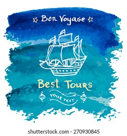 Watercolor set of design elements on the marine theme for logos and labels. Vector illustration.