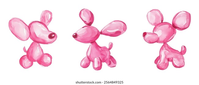 Watercolor set of dog helium balloon pink color png. 3d design element in plastic cartoon style. Icon isolated on transparent background. Vector illustration