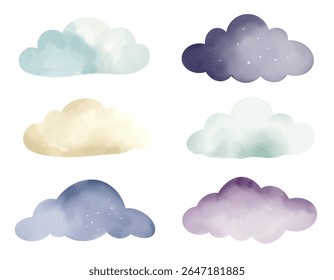 Aquarela conjunto de nuvens de sonho. Tons de pastel amarelo, roxo e azul. Céu de fantasia fofo.