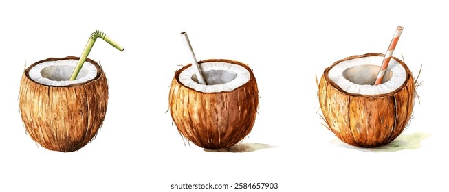 Watercolor set of drinking coconuts with straw. Tropical drinks and cocktails. Watercolor coconuts in cartoon style. Tropical concept. vector illustration.