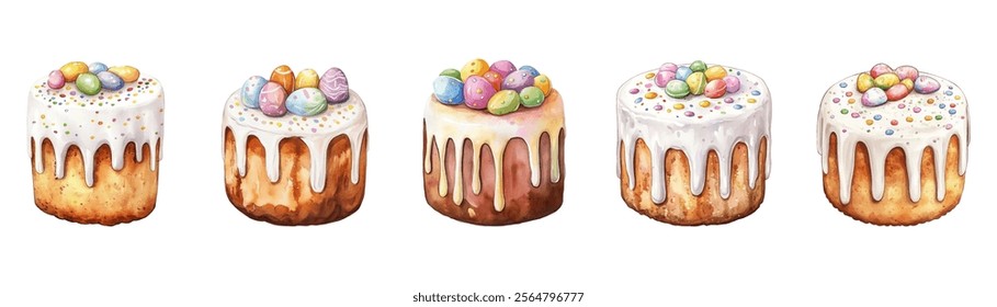 Watercolor set of Easter cakes png. Easter cakes covered with glaze and decorated with decorative eggs. Happy Easter. Watercolor Easter elements.