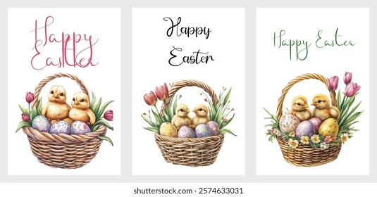 Watercolor set of Easter cards in watercolor. Easter basket filled with Easter eggs and decorated with tulips with cute chicks. Happy Easter. Vector illustration.