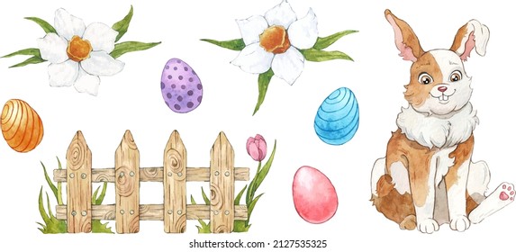 Watercolor set for Easter. Cute bunny, eggs, daffodils, wooden fence