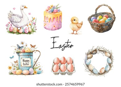 Watercolor set of Easter elements png. Goose, Easter eggs, tray with eggs, Easter wreath, baby chick and other  symbols. Elements for creating Easter layout designs. Vector illustration.