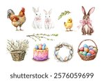 Watercolor set of Easter elements. White rabbits, rooster, baby chicken, Easter wreath, Easter cupcake, basket with willow branches. Watercolor elements for Easter designs. Vector illustration.