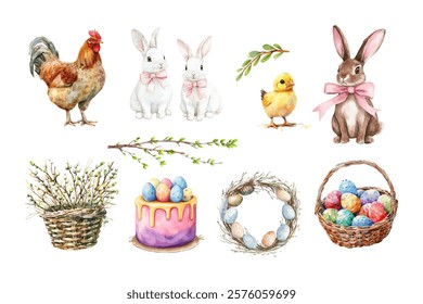 Watercolor set of Easter elements. White rabbits, rooster, baby chicken, Easter wreath, Easter cupcake, basket with willow branches. Watercolor elements for Easter designs. Vector illustration.