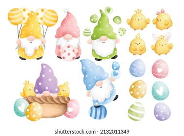 Watercolor set of Easter gnome Easter eggs and chicks 