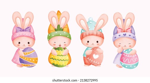 Watercolor set of Easter Rabbit holding Easter Eggs 