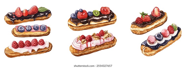 Watercolor set of eclair cakes covered with chocolate glaze and decorated with berries png. Appetizing eclair cakes with custard covered with chocolate and decorated with maltю