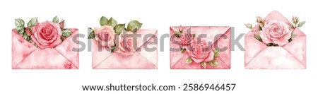 Watercolor set of envelopes with red roses png. Pink envelopes decorated with pink and red roses. Elements for invitations, greetings, gifts, etc. Romantic envelope filled with flowers. 