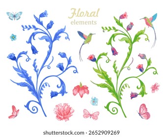 watercolor set of fancy floral branches with flowers, butterflies and humming birds. collection of vector hand drawn decorative elements