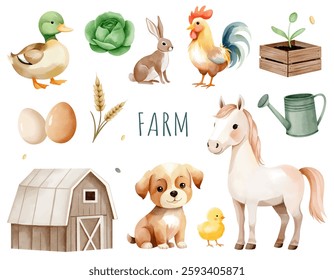 Conjunto de aquarela de elementos de farm. Animais na fazenda. Celeiro, vegetais, ovos, cachorrinho, coelho, cavalo, pato, galo.