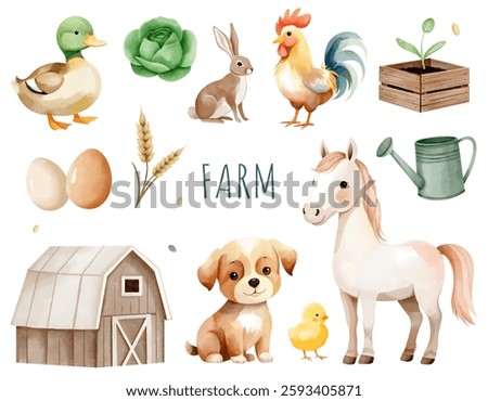 Watercolor set of farm elements. Animals on the farm. Barn, vegetables, eggs, puppy, rabbit, horse, duck, rooster.