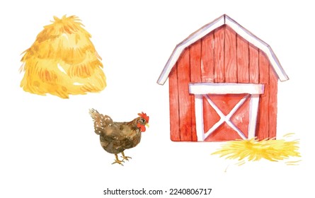 Watercolor set of farm elements. Country village. Hand-drawn illustration isolated on the white background