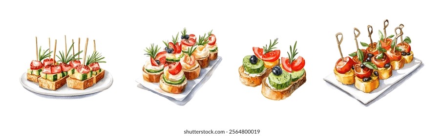 Watercolor set of festive sandwiches and canapes for a buffet. Sandwiches with bread, meat and vegetables decorated with rosemary branches. Elements for a festive buffet watercolor.