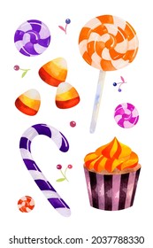 Watercolor set with festive sweets for children. Lollipops, caramel, cupcakes